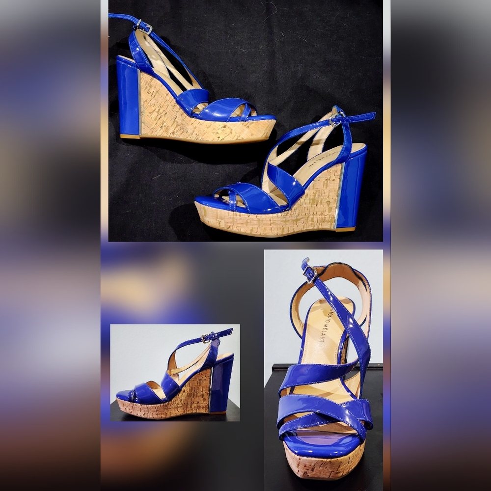 ANTONIO MELANI |Patent Leather Cork Wedge Heel Platform Sandals | Colbalt Blue